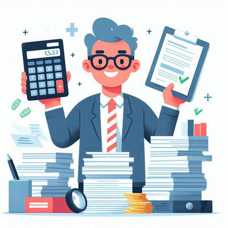 Businessman working with calculator and documents. Office worker, accountant, banker, accountant, banker. Vector illustration in cartoon styleのイラスト素材