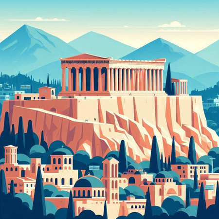 Panoramic view of Athens, Greece. Vector illustration in retro styleのイラスト素材