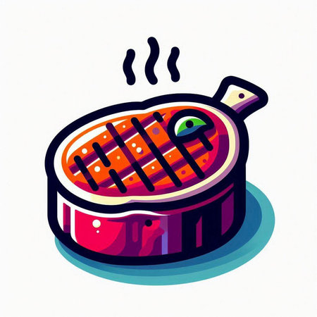 Steak on a frying pan. Hand drawn illustration. Vector.のイラスト素材