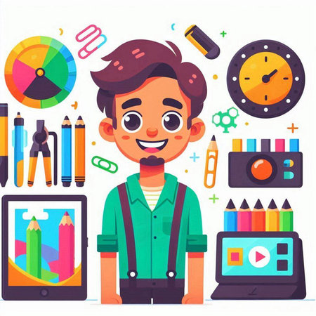 Cute boy with school supplies. Vector illustration in a flat styleのイラスト素材