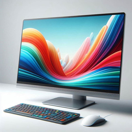 Computer monitor with colorful screen on white background. 3D illustration.