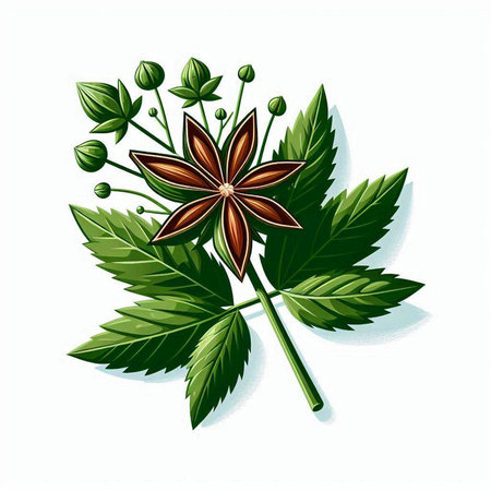 Illustration of anise star and green leaves on a white backgroundのイラスト素材