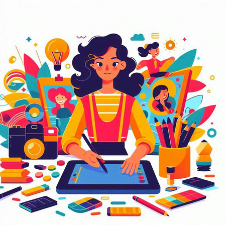 Creative young woman working at home. Vector illustration in flat styleのイラスト素材