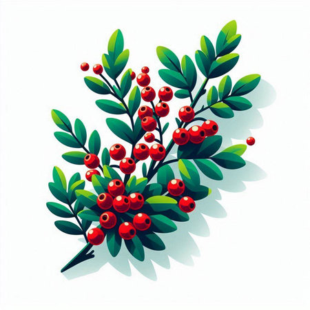 Christmas tree branch with red berries isolated on white background. Vector illustration.