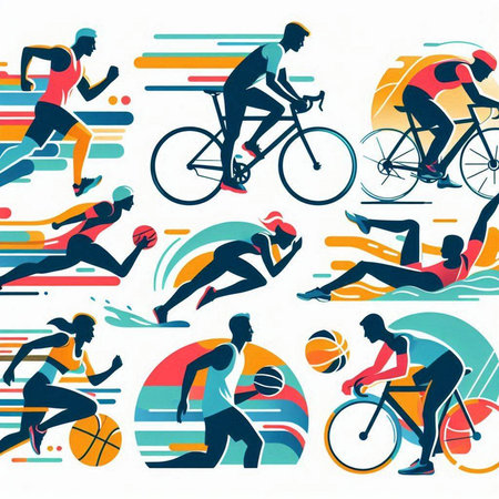 Group of sport people vector illustration. Colorful silhouettes of active men and womenのイラスト素材