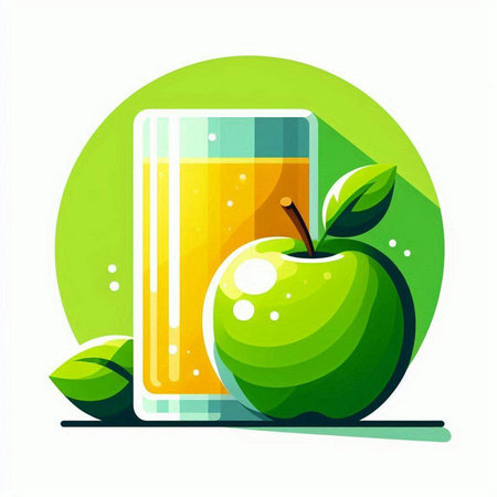Glass of fresh juice and green apple. Vector illustration in flat styleのイラスト素材