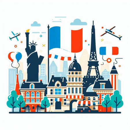 Paris city skyline with famous buildings and landmarks. Flat vector illustration.のイラスト素材