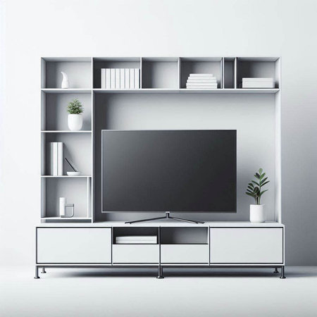 Interior of modern living room with white walls, concrete floor, white bookcase and tv. 3d renderのイラスト素材