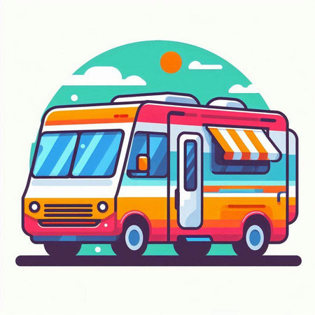 Vector illustration of a campervan in flat style on a white background.のイラスト素材