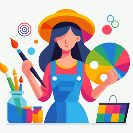 Artist woman with paintbrush and palette. Vector illustration in flat styleのイラスト素材