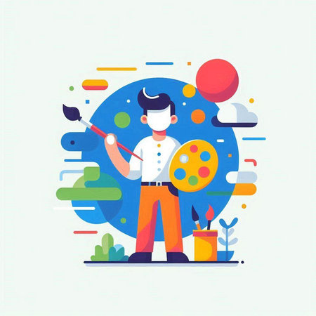 Painter with palette and brush in flat style. Vector illustration.のイラスト素材