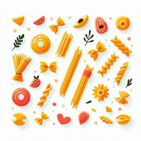 Italian pasta set. Different types of pasta and vegetables. Vector illustrationのイラスト素材