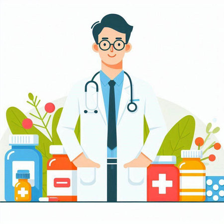Doctor with stethoscope and pills. Vector illustration in flat styleのイラスト素材