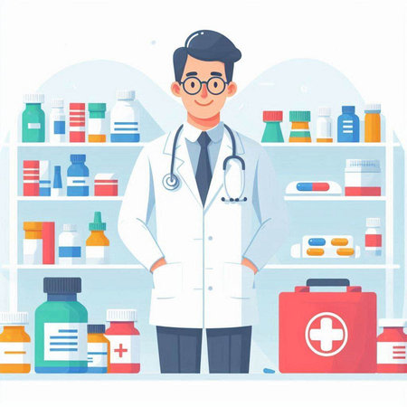 Doctor standing in front of shelves with medicines. Vector illustration in flat styleのイラスト素材