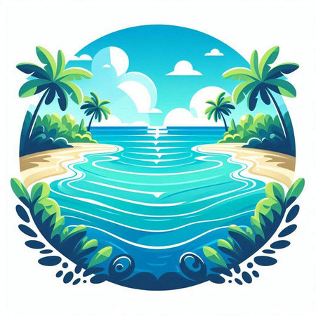 Tropical island with palm trees and sea. Vector illustration.のイラスト素材