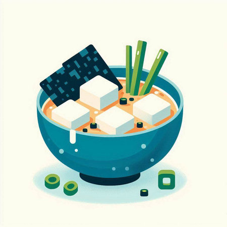 Illustration of asian miso soup bowl with tofu and chopsticksのイラスト素材