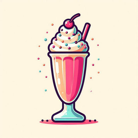 Milkshake with whipped cream and cherry in a glass. Vector illustration.のイラスト素材