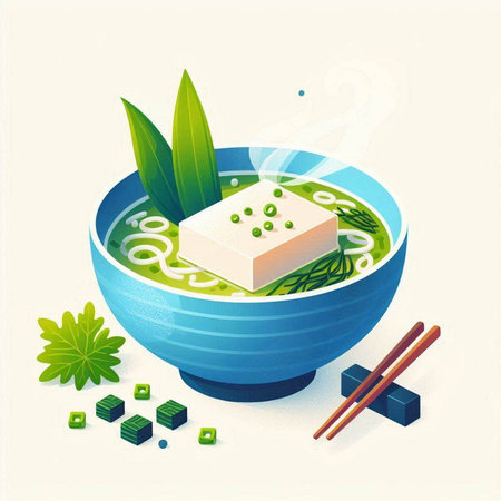 Japanese soup with tofu in a blue bowl with chopsticks. Vector illustration.のイラスト素材