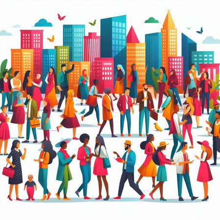 People crowd walking in the city. Vector illustration. Flat design.のイラスト素材