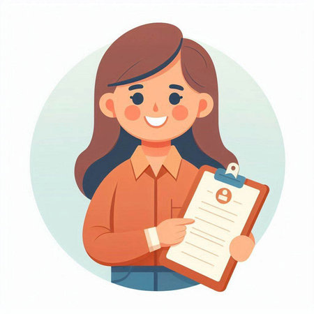 Woman holding clipboard with checklist. Vector illustration in cartoon style on white background.のイラスト素材
