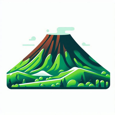 Volcano with green trees and grass isolated on white background. Vector illustration.のイラスト素材