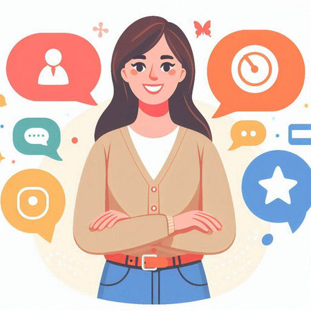 Smiling young woman with speech bubbles. Vector illustration in cartoon style.