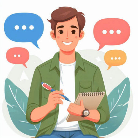 Young man with notebook and speech bubbles. Vector illustration in cartoon styleのイラスト素材
