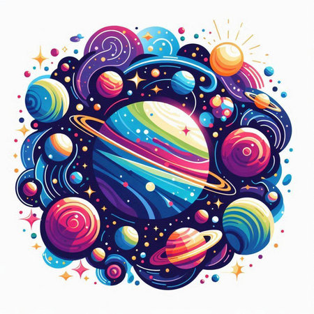 Cartoon planet in space with stars, planets and sun. Vector illustrationのイラスト素材