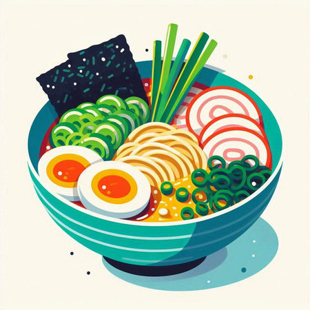 Illustration of a bowl of Japanese ramen with vegetables and eggsのイラスト素材