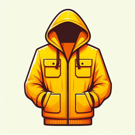 Yellow winter jacket with hood isolated on white background. Vector illustration.のイラスト素材