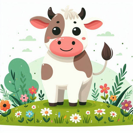 Cute cartoon cow on the meadow with flowers. Vector illustration.のイラスト素材