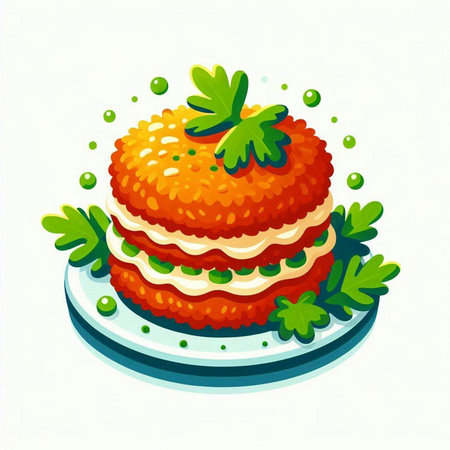 Illustration of carrot cake with green peas on a plate. Vector illustration.のイラスト素材