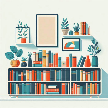 Illustration of bookshelf with books and decorations in retro styleのイラスト素材