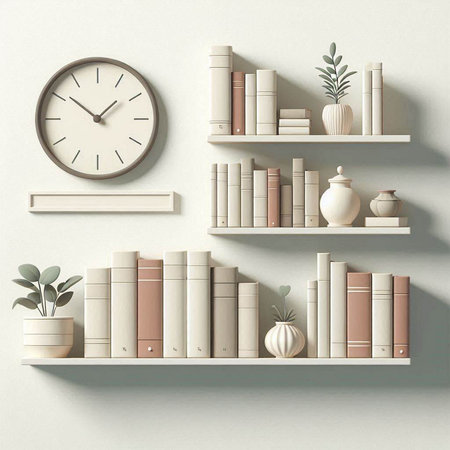 3d render of bookshelves with books, vase and clockのイラスト素材