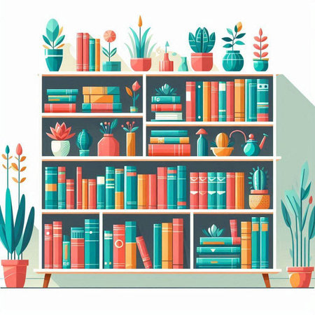 Bookshelf with books and plants. Vector illustration in flat styleのイラスト素材