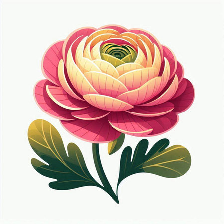 Illustration of a pink rose with green leaves on a white background