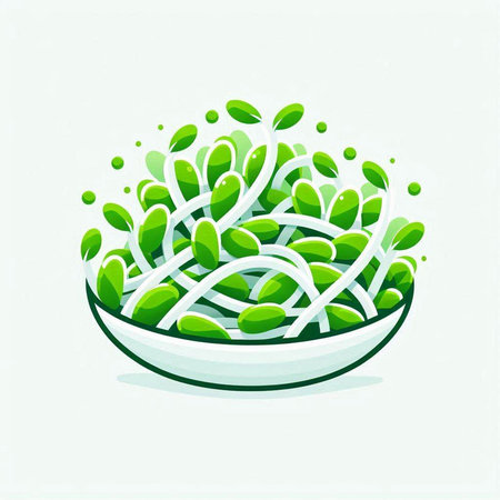 Vector illustration of green sprouts in a bowl on white background.のイラスト素材