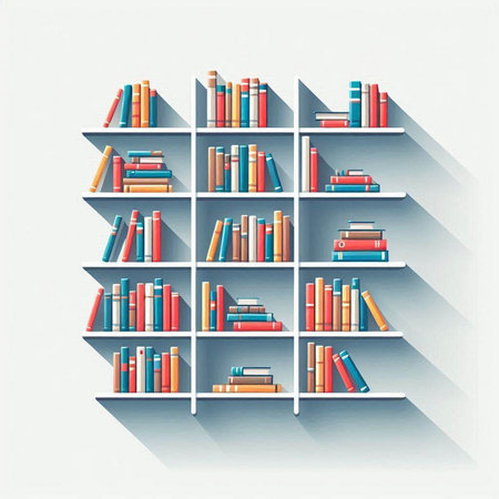 Bookshelf with colorful books on white background. Vector illustration.のイラスト素材