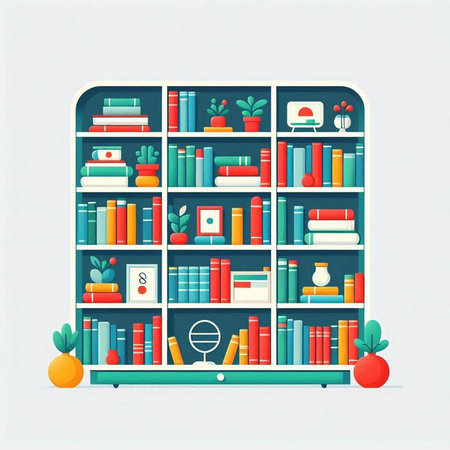 Bookshelf with books and decorations. Vector illustration in flat styleのイラスト素材