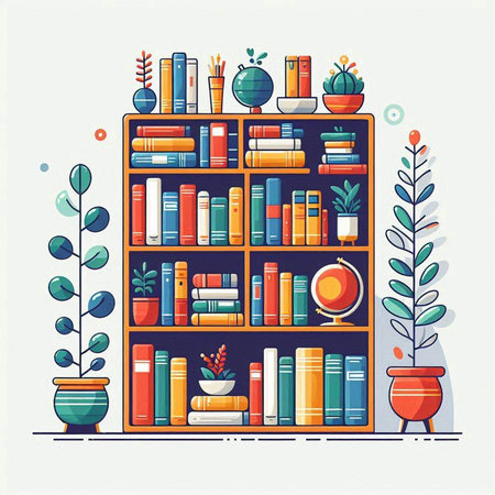 Bookshelf with books and plants. Vector illustration in flat styleのイラスト素材