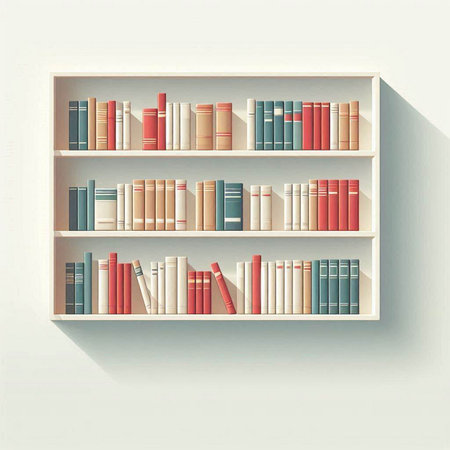 Bookshelf with books on white wall background. 3d illustrationのイラスト素材