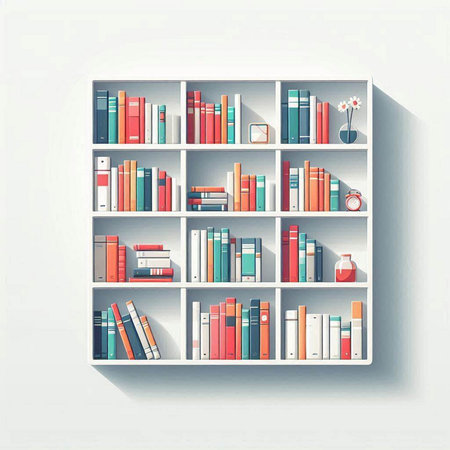 Bookshelf with books and decorations on white background. Vector illustration.のイラスト素材