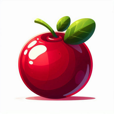 Illustration of a red cherry with green leaves on a white background