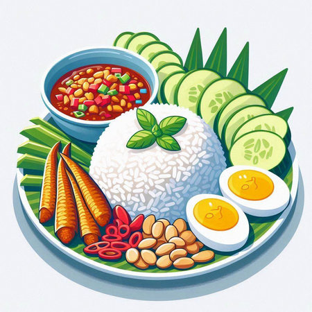 Illustration of a bowl of rice with chili sauce, egg, cucumber and dillのイラスト素材