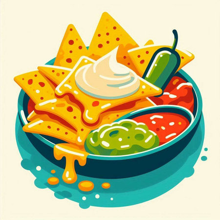 Nachos with guacamole and salsa. Vector illustrationのイラスト素材