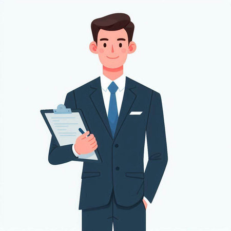 Businessman holding clipboard and pen. Vector illustration in cartoon style.のイラスト素材