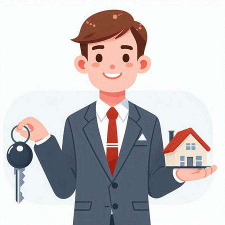 Real estate agent holding keys and house in his hand. Vector illustration.のイラスト素材