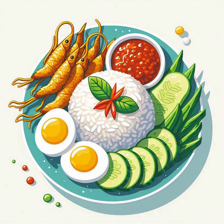Illustration of a bowl of sushi with shrimp, rice, cucumber and tomato sauceのイラスト素材