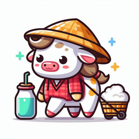 Cute cow with milk bottle and straw hat. Vector illustration.のイラスト素材