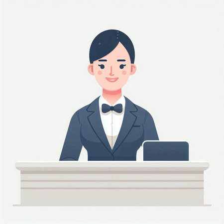 Young man at the reception desk. Vector illustration in flat style.のイラスト素材